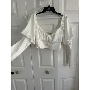 Fashion Nova White Long Sleeve Crop Top‎ Button Front Blouse Party Club